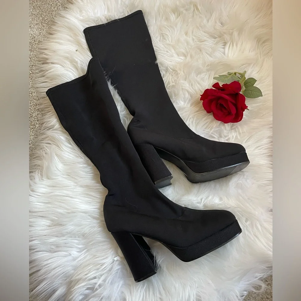 Vintage 90s  Grunge Square Toe stretch fabric/Sock knee-high boots - Picture 5 of 16